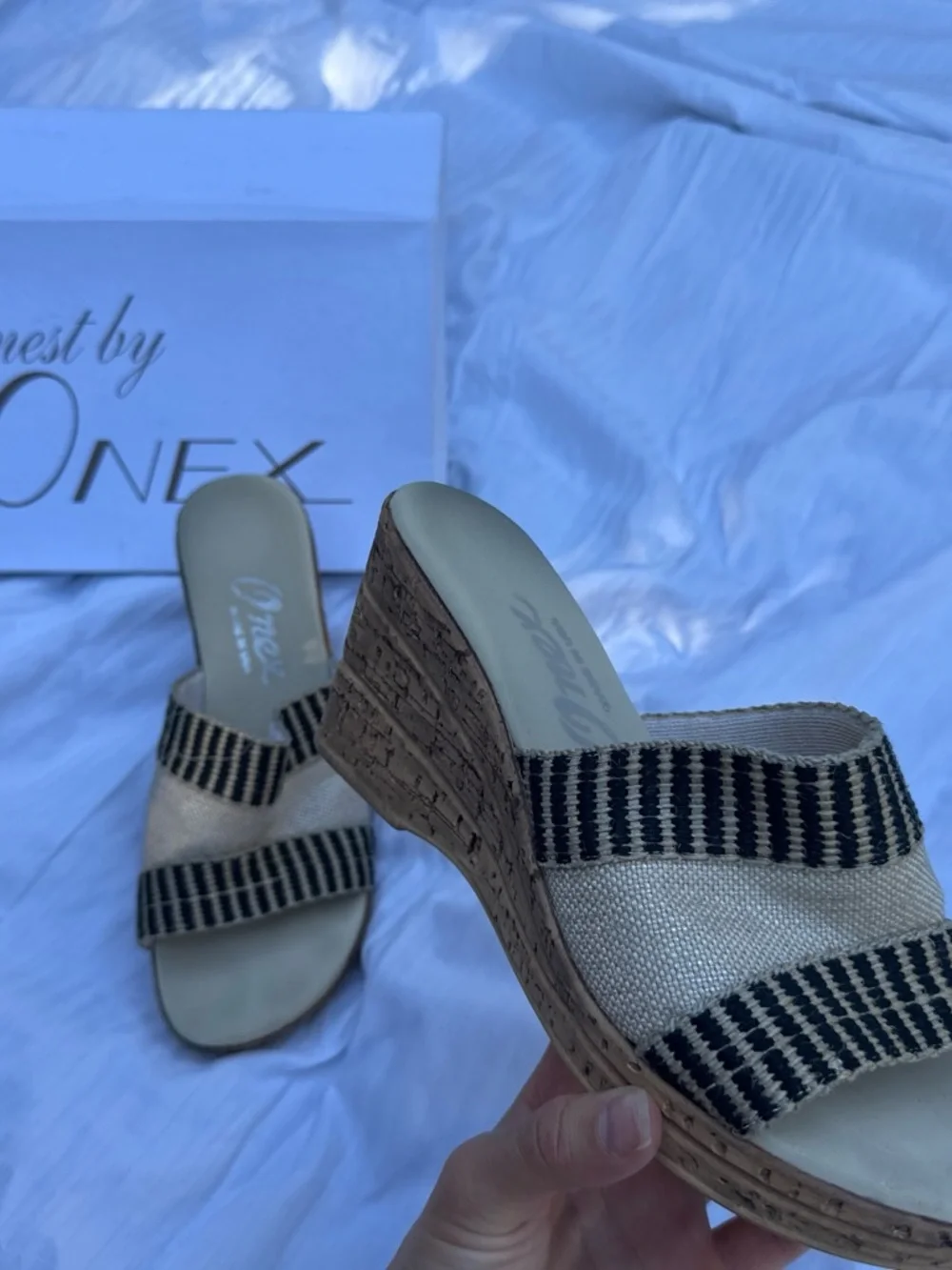 Onex Natural and Black Woven Wedge Slide